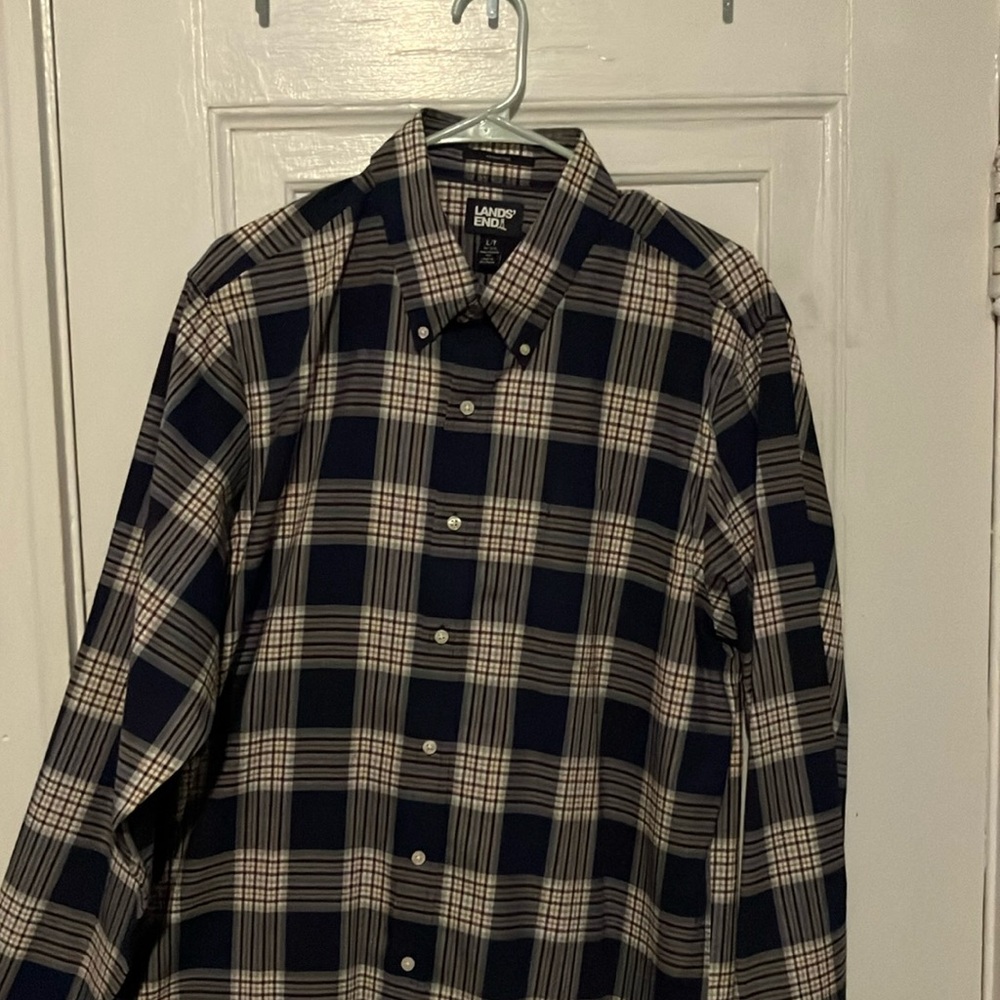Lands' End Blue and White Casual Button Down Shirt